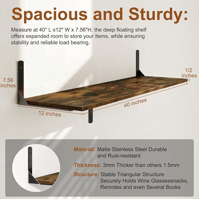 Floating Shelves 40"W x 12"D, Deep Wall Shelves - Image 3