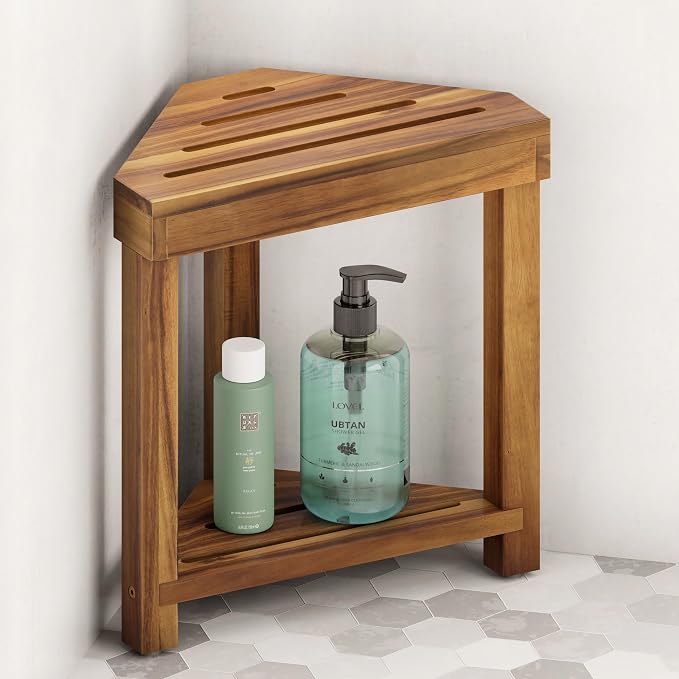 BLUEWEST 16.4" Shower Foot Rest, Corner Shower Stool, Wooden Shower Foot Stool by BLUEWEST