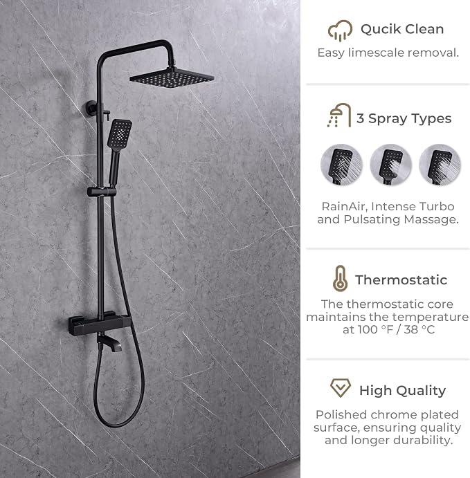 Outdoor Shower Faucet Set 8" Square Shower Head 3 Function Thermostatic - Image 5