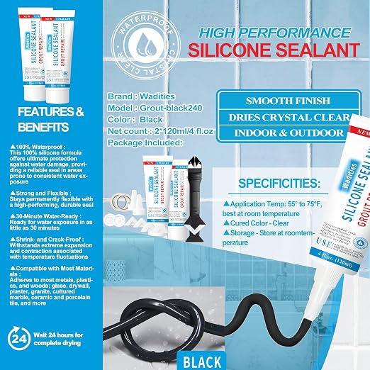 8Oz Black Waterproof Caulk & Seal Silicone Sealant, Wadities Tile Grout Repair - Image 3