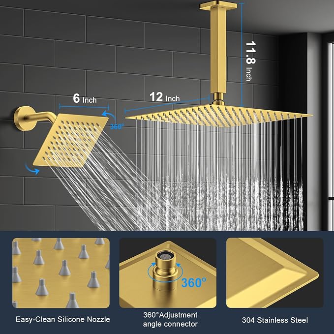 Shower Faucet Set, 3-Setting Push Button Brushed Gold Shower System, 12 Inch - Image 4
