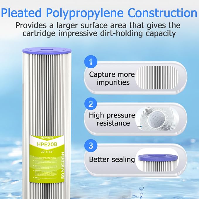 50 Micron Whole House Water Filter Cartridge, Pleated Sediment Filters - Image 3