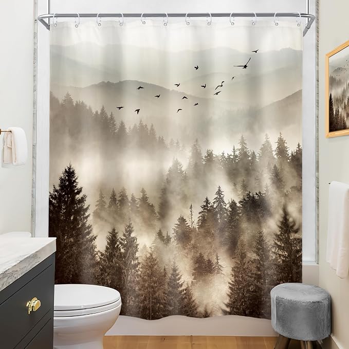 Riyidecor Foggy Mountain Shower Curtain 60Wx72H Inch Nature Rustic Woodland - Image 4
