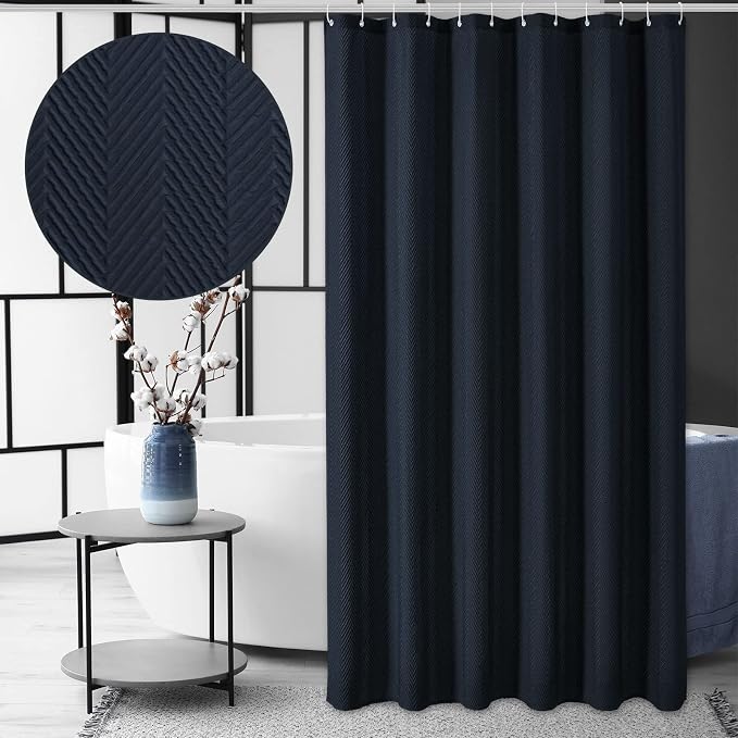 Gibelle Navy Blue Shower Curtain, 3D Embossed Textured Herringbone Fabric by Gibelle