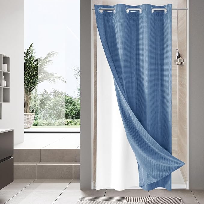 MitoVilla Blue Waffle Small Stall Shower Curtain Liner Set 36 x 74, No Hooks by MitoVilla