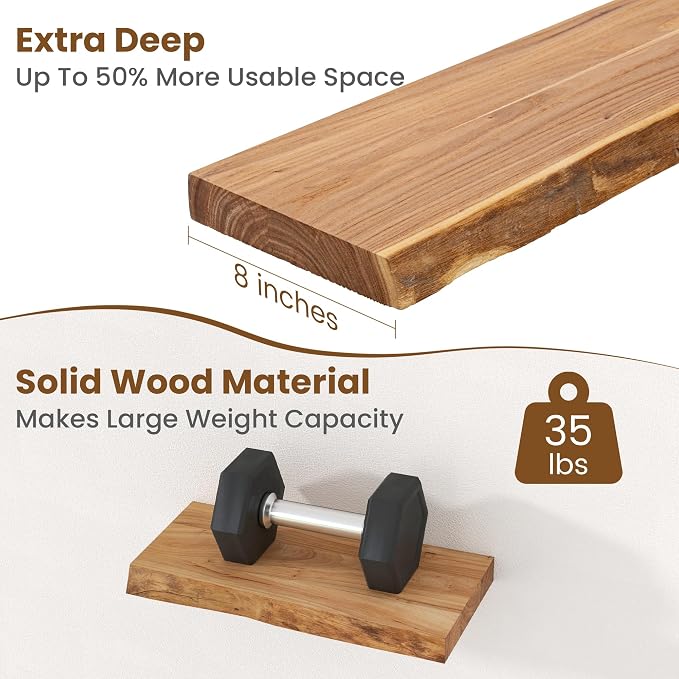 Floating Shelves for Wall Decor, Rustic Solid Elm Wood Live Edge Floating - Image 5