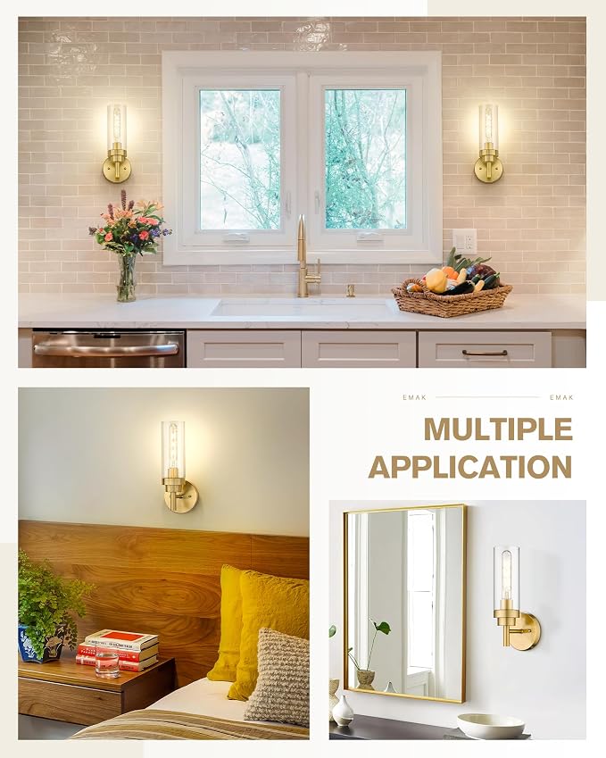 Emak Brushed Gold Sconces Wall Decor Set of 2, Modern Bathroom Light Fixtures - Image 5