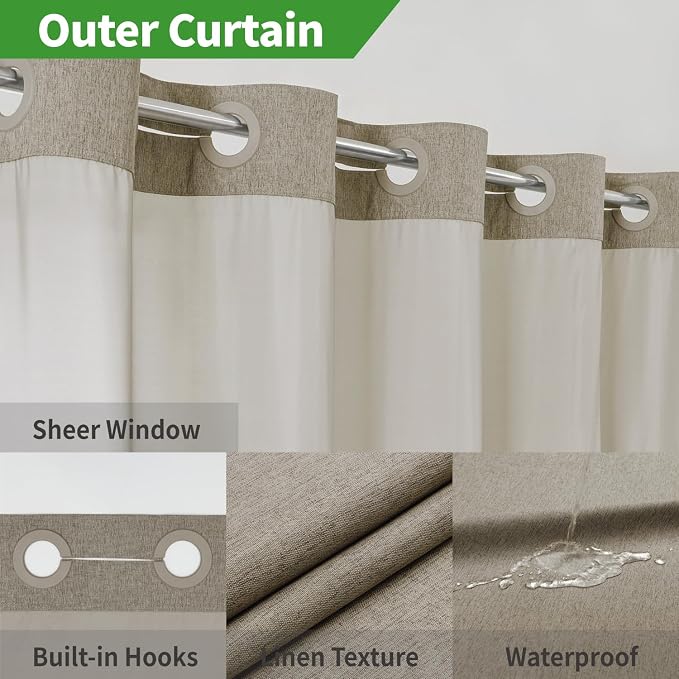 Long No Hooks Needed Linen Textured Shower Curtain - Image 4