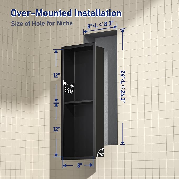 Stainless Steel Shower Niche Matte Black 8"×24" - Image 3