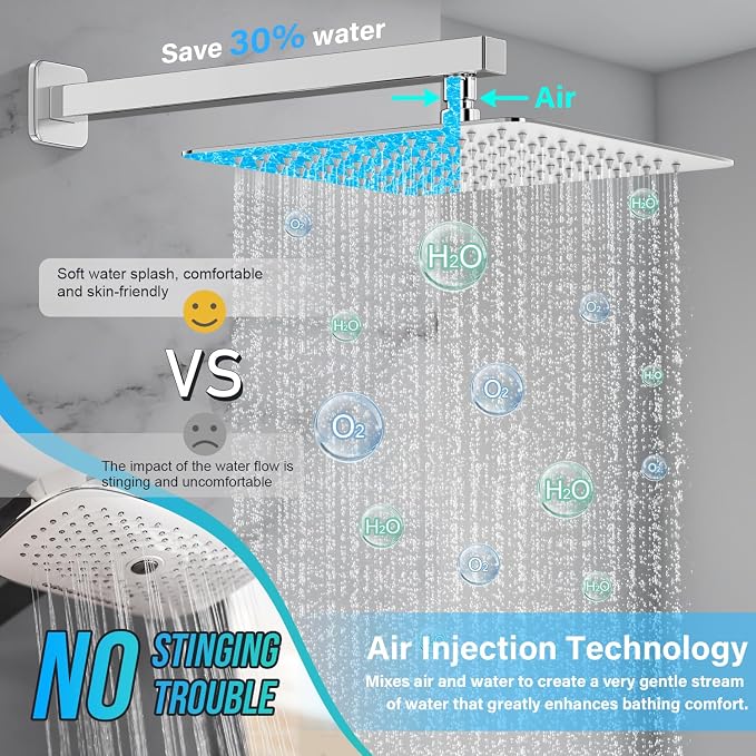 Shower Faucet Set Bathroom Square Rain Shower Head and Handle Set, Wall Mounted - Image 4