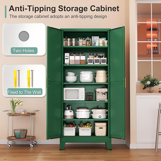 Metal Pantry Cabinet with 2 Doors and 5 Adjustable Shelves, Versatile Storage - Image 6