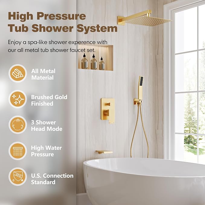 Shower System with Tub Spout, All Metal Tub Shower Faucet Set with 12-Inch Rain - Image 2