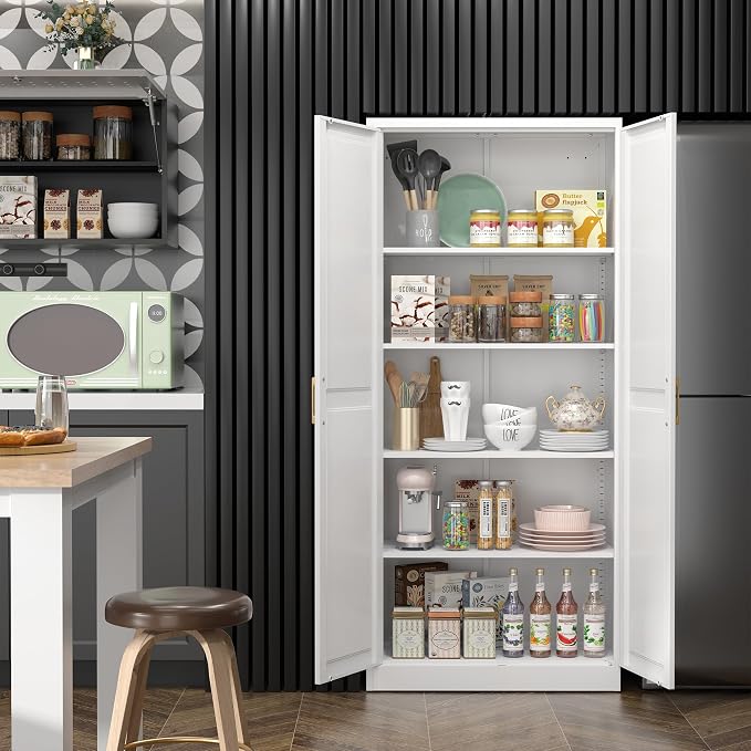 Kitchen Pantry Cabinet, 71”White Metal Pantry Storage Cabinet - Image 4