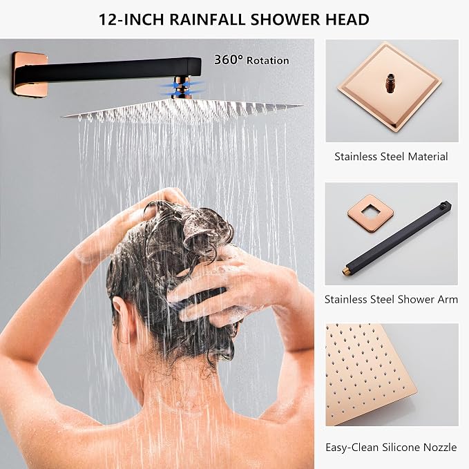 Shower Faucet Set, Matte Black and Rose Gold Rainfall Shower System Complete - Image 5