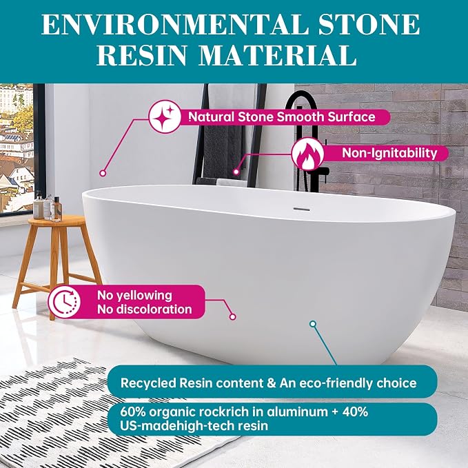 59'' Freestanding Tubs Bathtub Bathroom Solid Surface Resin Stone Bathtubs - Image 4