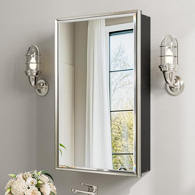 16x26 Pre-Assembled Bathroom Medicine Cabinet Mirror, Surface or Recessed by QUEENFUN