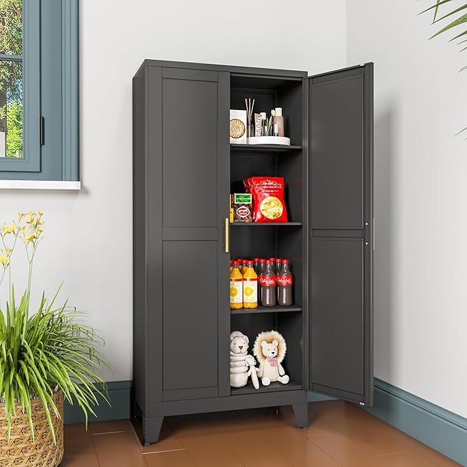 Metal Pantry Cabinet with 2 Doors and Adjustable Shelves, Kitchen Storage by winiowa