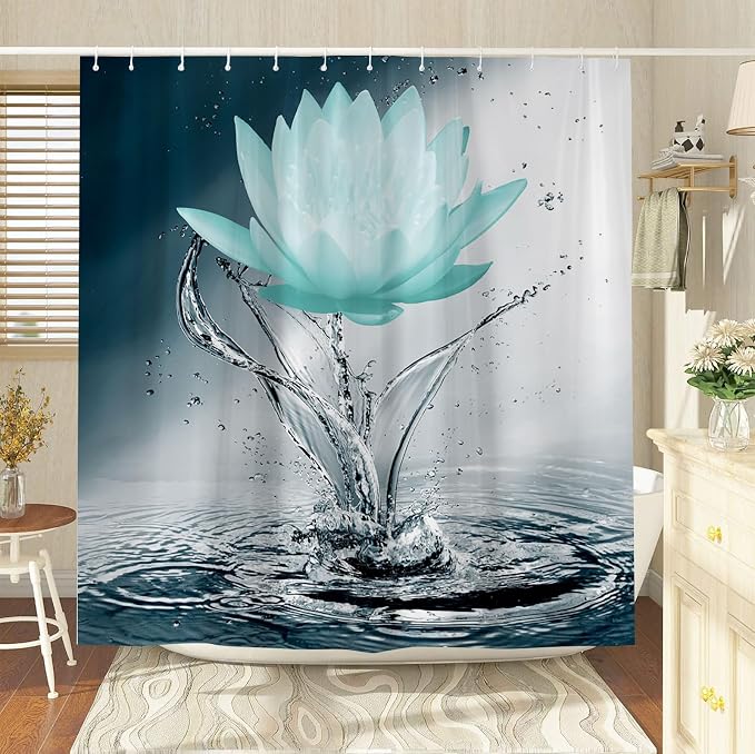 Lotus Shower Curtain Black White Blue Teal Flower Elegant Blooming Floral - Image 3