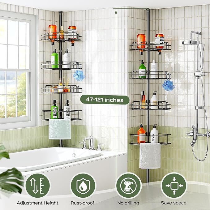 HAMITOR Corner Shower Caddy Tension Pole: 4-Tier Rust-Resistant Adjustable - Image 7