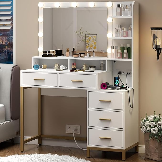 Loomie Large Makeup Table with Lighted Mirror & Power Outlet, Vanity Desk with by LOOMIEDirect