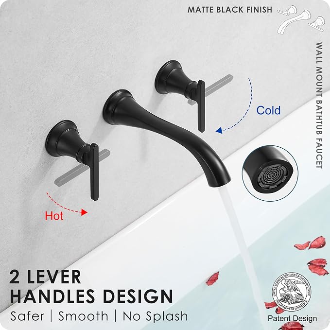 Brass Tub Filler Wall Mount 3 Hole, Farmhouse Black Tub Faucet, High Pressure 2 - Image 3