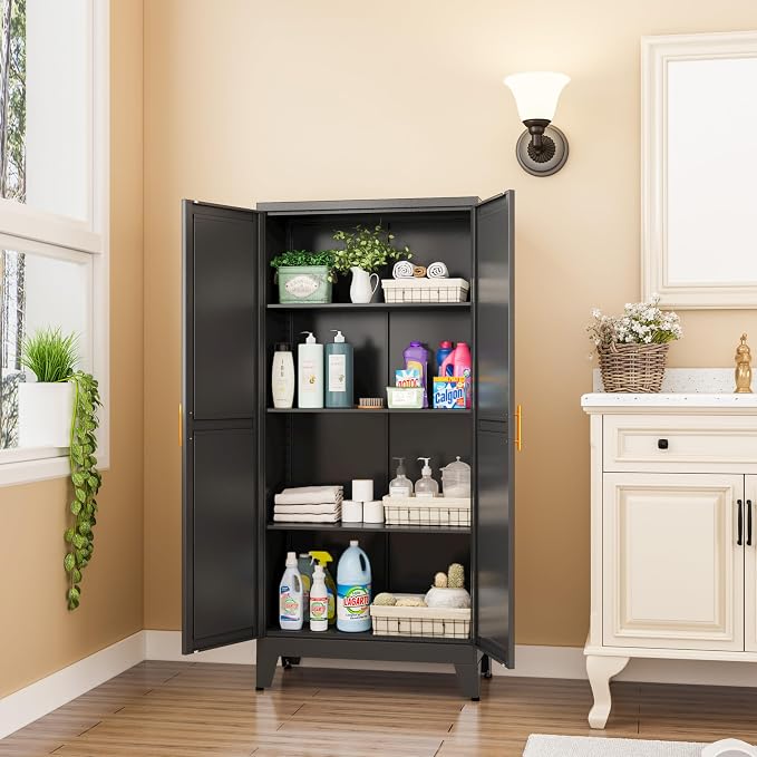 Metal Pantry Cabinet with 2 Doors and Adjustable Shelves, Kitchen Storage - Image 7