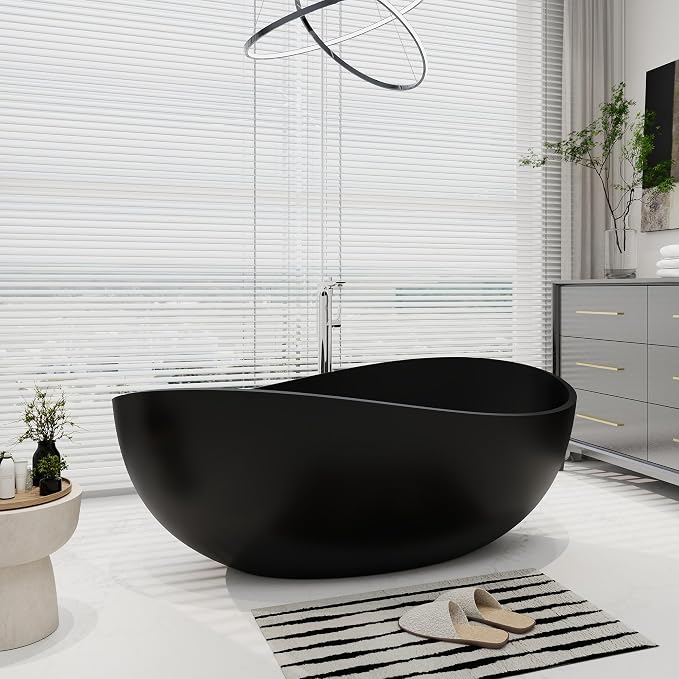 SJ STAR&JANE 63" x 38" Solid Surface Freestanding Bathtub, Oval Soaking Tub - Image 7