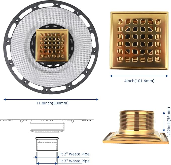 Square Shower Drain, 4-Inch Polished Gold Kit - Image 2