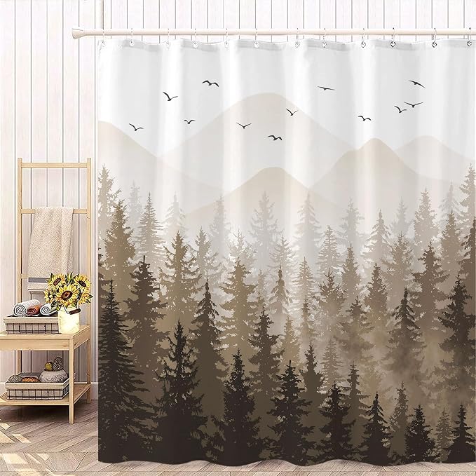 Aipon Brown Misty Forest Shower Curtain Ombre Nature Tree Plants Shower - Image 2