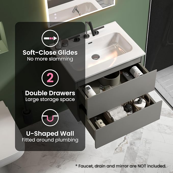 24" Bathroom Vanity with Sink, Modern Floating Vanity with Double Soft Closing - Image 5