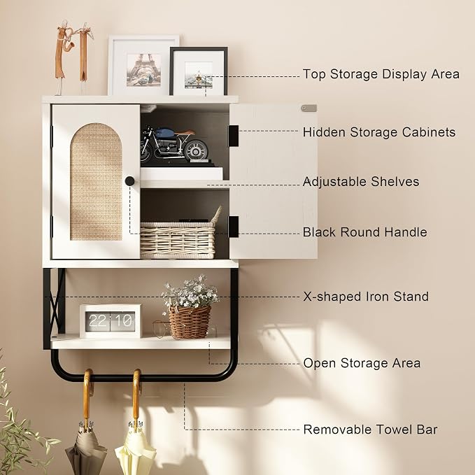 RUSTOWN Rattan Bathroom Wall Cabinet, Boho Over The Toilet Storage Cabinet - Image 7
