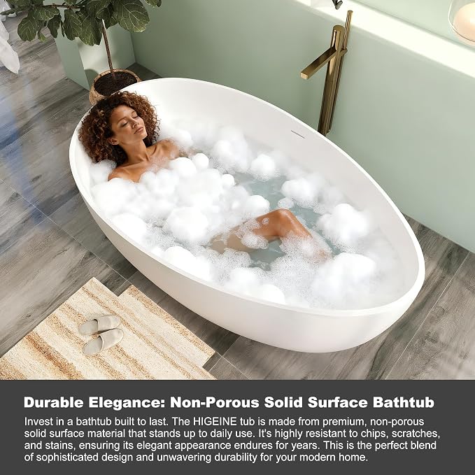 Premium Upgraded 63" Solid Surface Freestanding Bathtub, Unique Oval Stone - Image 4