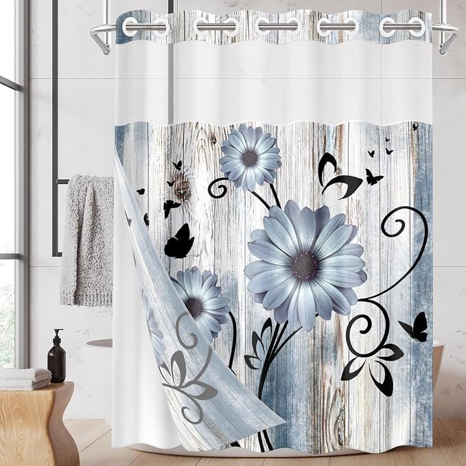 No Hook Blue Flower Shower Curtain by Nesphy