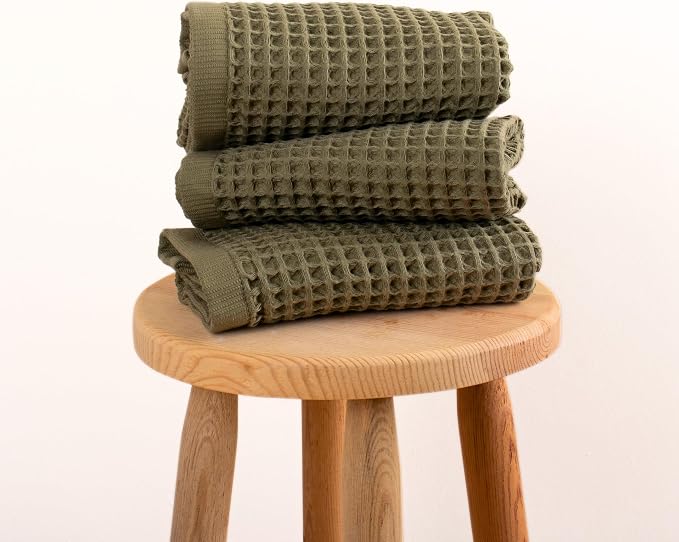 PÜSKÜL Organic Waffle Kitchen Towel 100% Turkish Cotton Set of 3 Khakie Green - Image 7
