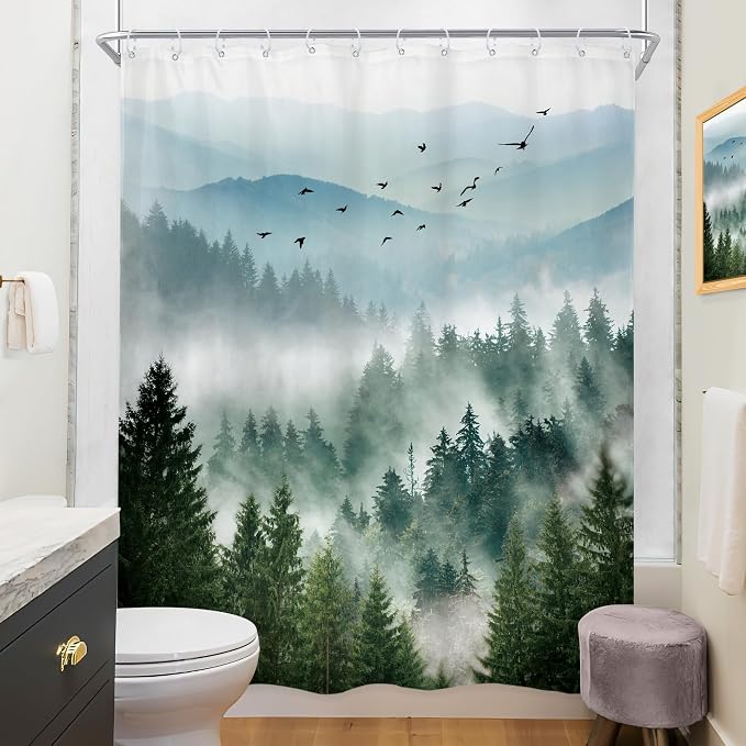 Riyidecor Green Shower Curtain 54Wx78H Inch Long Rustic Mountain Scenery Pine - Image 2