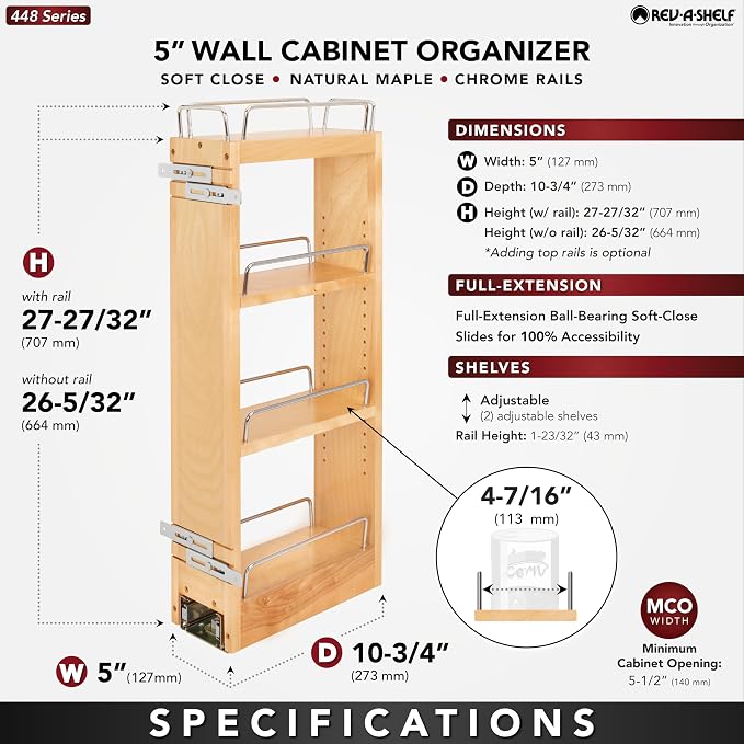 Rev-A-Shelf 5" Pullout Kitchen Cabinet Storage Organizer w/Soft-Close, Wood - Image 3