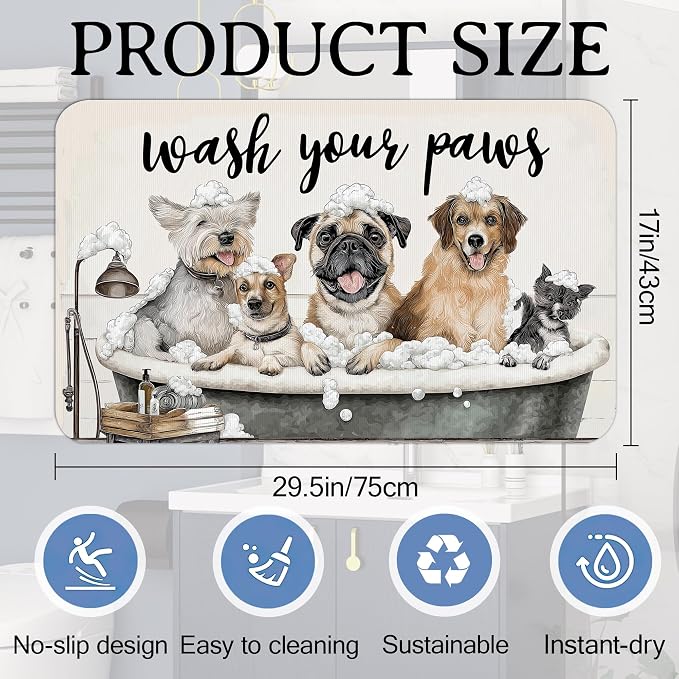 Funny Dogs Bath Mat for Bathroom, Wash Your Paws Washable Cover Floor Rug - Image 2