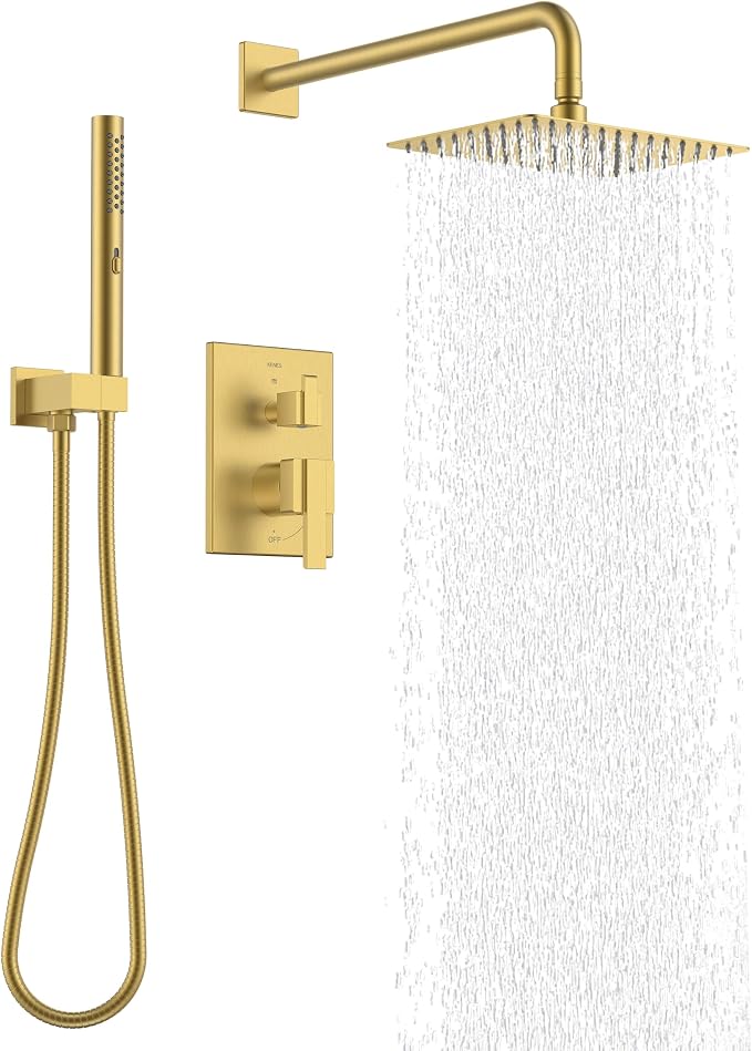 KENES Brushed Gold Rainfall Bathroom Shower System Rain Shower Head and Handle by KENESBathroomKitchen