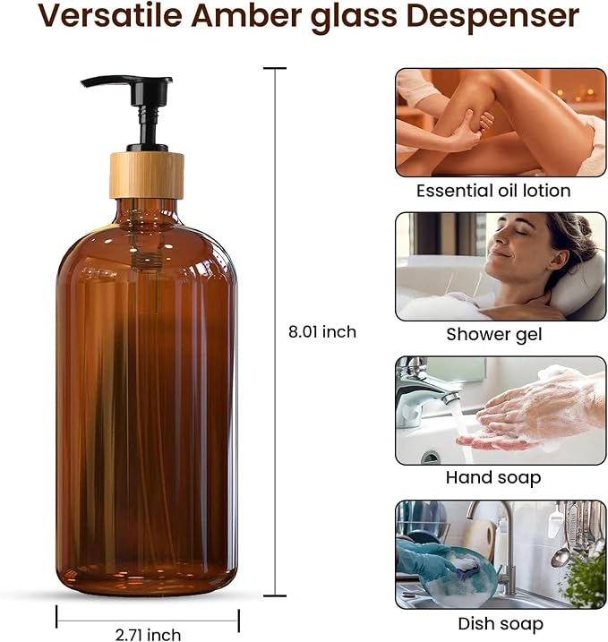 16 OZ Thick Amber Glass Soap Dispenser, Bamboo Pump - Image 3