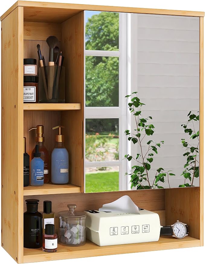 SMIBUY Bathroom Mirror Cabinet Wall Mounted, Bamboo Space Saver Medicine Cabinet by SMIBUY