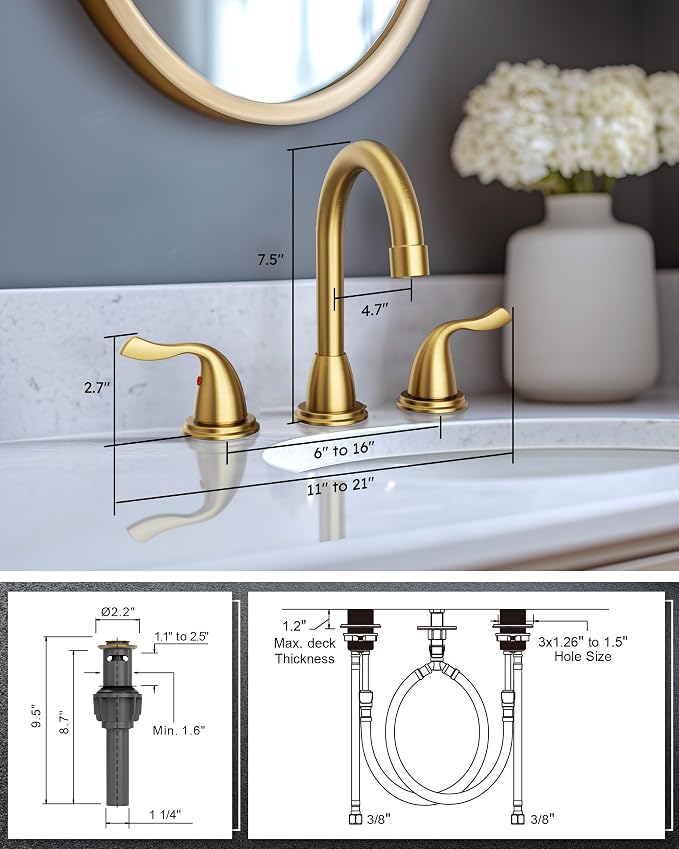 Brushed Gold Bathroom Faucet 3 Hole: ARCORA 8 Inch Widespread Bathroom Faucet - Image 7