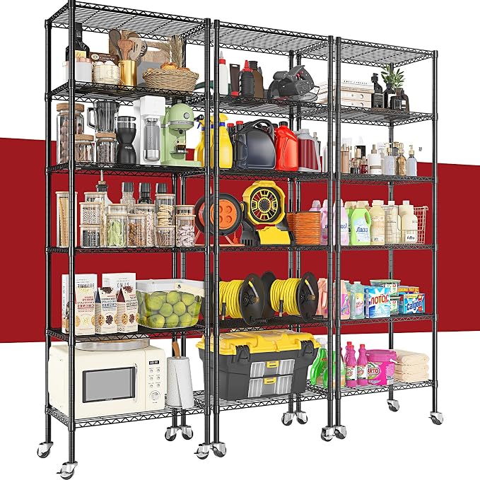 3 Pack Rolling 6-Tier Space-Saving Garage Wire Rack Shelving, 750 lbs Capacity by Homtura