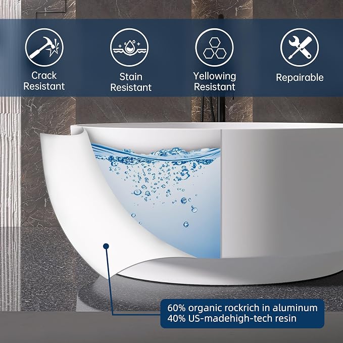 49'' Round Soaking Bathtub Resin Stone Freestanding Bathtub Soaking Deep Tub - Image 3