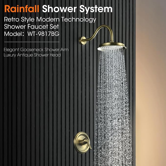 Antique Shower Faucet Set Brushed Gold, 9 inch High Pressure Rainfall Shower - Image 3