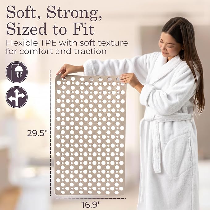 Non Slip Bathtub Mat and Shower Mat Beige TPE Strong Suction Cups Aesthetic - Image 3