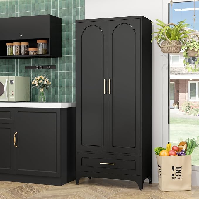 Metal Storage Cabinet with Drawers, 75Inch Black Pantry Cabinets - Image 7