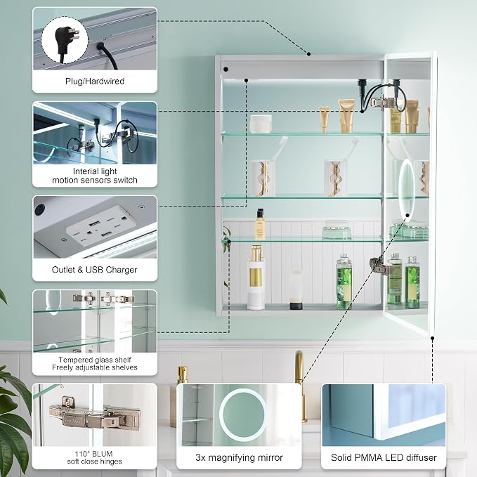 WELLFOR 20" X 30" LED Medicine Cabinet - Image 11