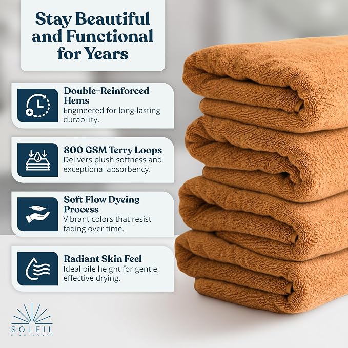 Soleil Fine Goods Luxurious 800 GSM 100% Cotton Bath Towel Set - Image 3