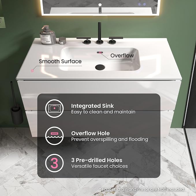 36" Bathroom Vanity with Sink, Modern Floating Vanity with Double Soft-Closing - Image 4
