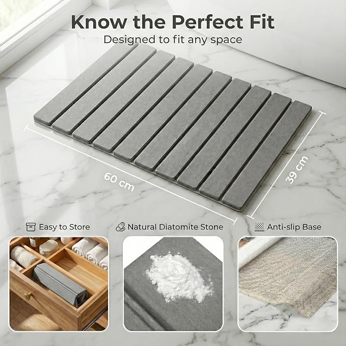 Stone Bath Mat | Extra Large 23.6 X 15.5 Foldable Diatomaceous Earth | Quick - Image 2